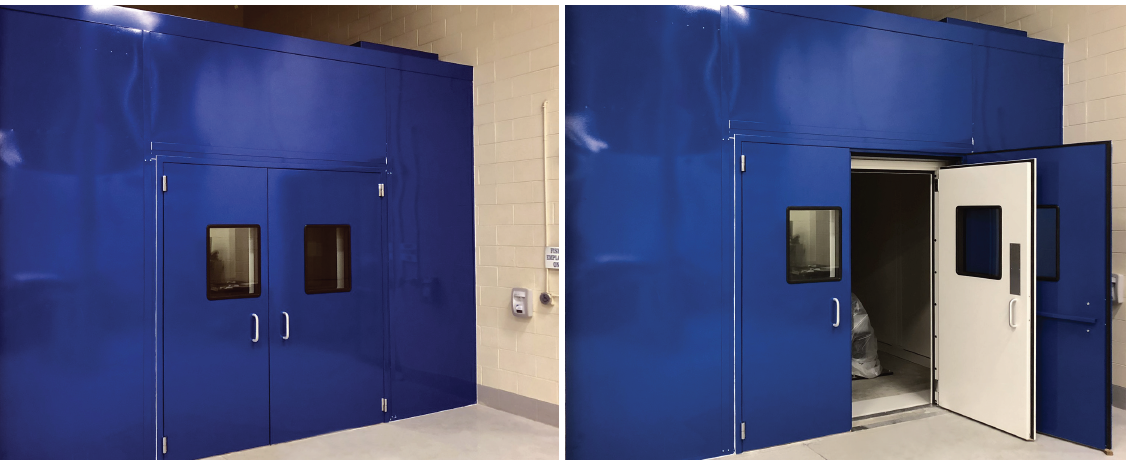 Blue access doors for secure entry in a facility.