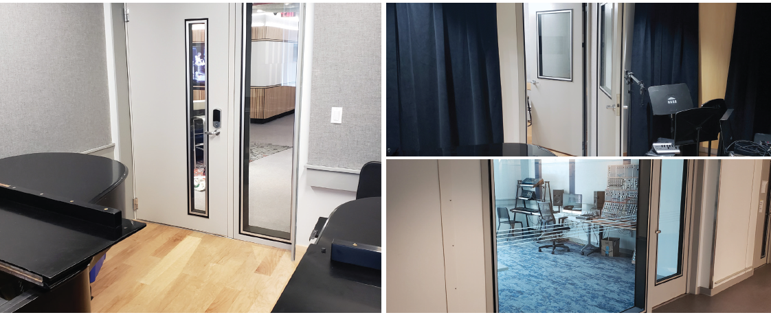 "Modern soundproof studio entrance with sleek design and audio equipment."